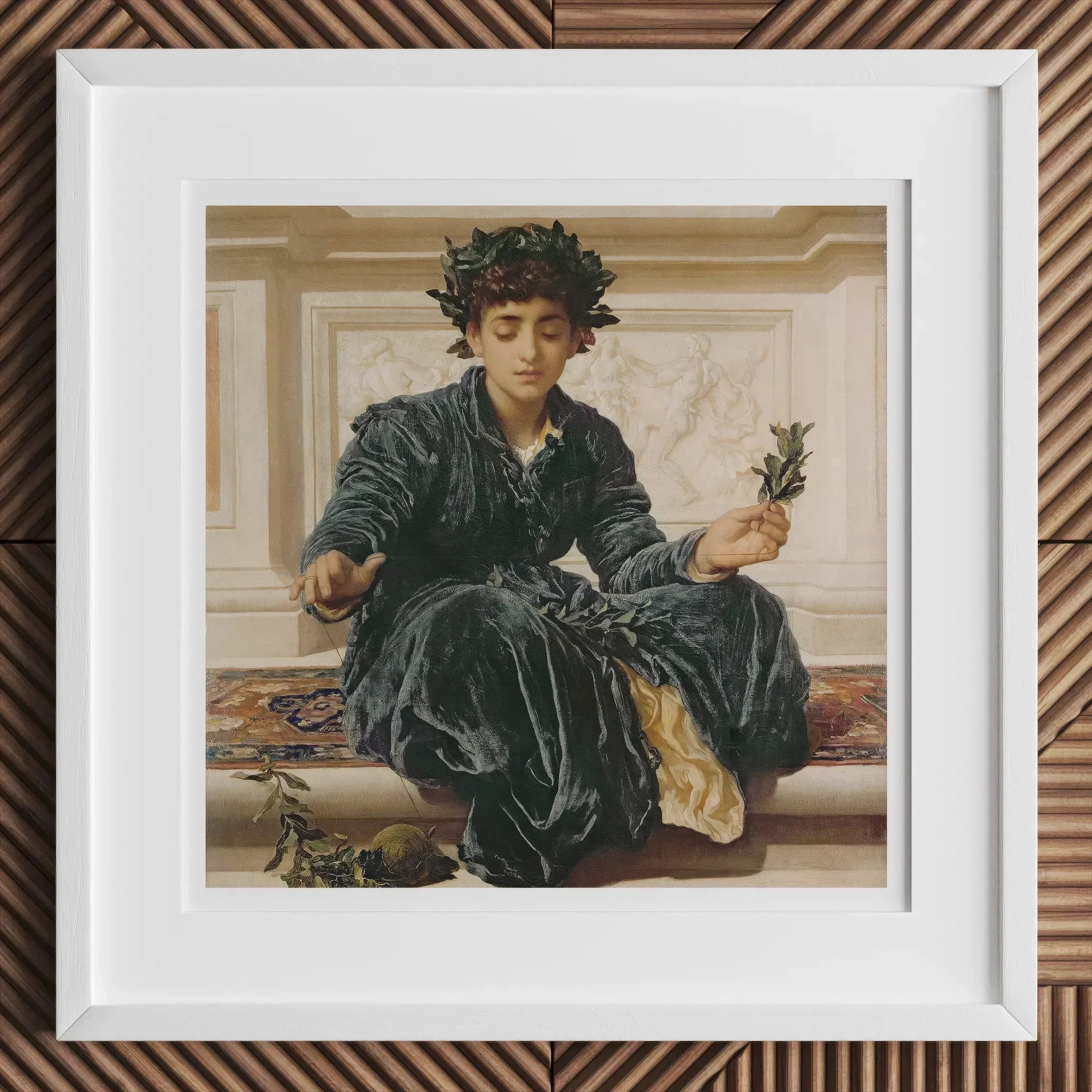 Weaving the Wreath Frederic Leighton Art Print, Framed Painting Young Person Classical Attire Leaves Laurel