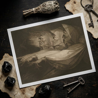The Weird Sisters - Henry Fuseli Art Print / Canvas Sepia-toned Print Three Women Hooded Garments Rendered Detailed Death-head Moth Hovers,