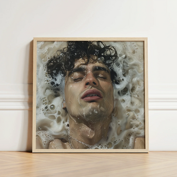Square-framed Artwork Man Dark Curly Hair Submerged Soapy Homoerotic Art Print, Latino, Symphony Swells