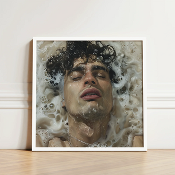 White-framed Art Print Man Dark Curly Hair Submerged Homoerotic, Latino, Symphony Swells