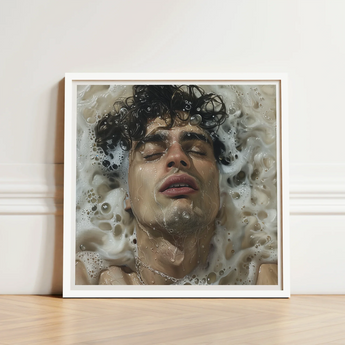 White-framed Art Print Man Dark Curly Hair Submerged Homoerotic, Latino, Symphony Swells