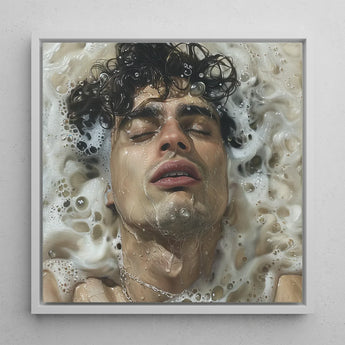 Wet Whistle - Sensual Homoerotic Dream Art Print / Canvas Framed Portrait Man Dark Curly Hair Submerged Soapy, Latino, Symphony Swells