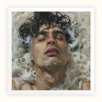 Wet Whistle - Sensual Homoerotic Dream Art Print / Canvas Person Submerged Soapy Water Eyes Closed Curly Hair, Latino, Symphony Swells