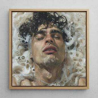 Wet Whistle - Sensual Homoerotic Dream Art Print / Canvas Square-framed Painting Man Dark Curly Hair Submerged Soapy, Latino, Symphony