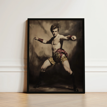Black-framed Portrait Muscular Man Vintage Attire Maroon Gold Gay Circus Ringmaster, Art, Daring Spectacle