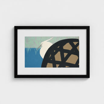 White Heron - Kamisaka Sekka Art Print / Canvas Black-framed Artwork Stylized Bird Blue Green Background, Warrior’s Basket Pattern, Paused