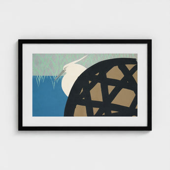 White Heron - Kamisaka Sekka Art Print / Canvas Black-framed Stylized Egret Blue Water, Warrior’s Basket Pattern, Paused Artwork Prints