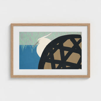 White Heron - Kamisaka Sekka Art Print / Canvas Minimalist Framed Stylized Egret Blue, Warrior’s Basket Pattern, Paused Artwork Prints