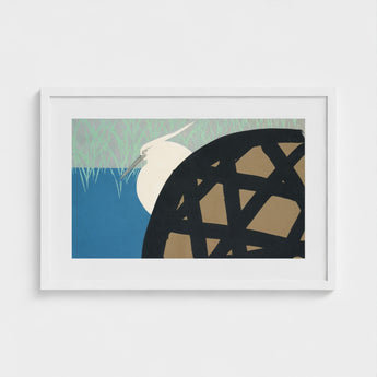 White Heron - Kamisaka Sekka Art Print / Canvas White-framed Stylized Egret Blue Water, Warrior’s Basket Pattern, Paused Artwork Prints