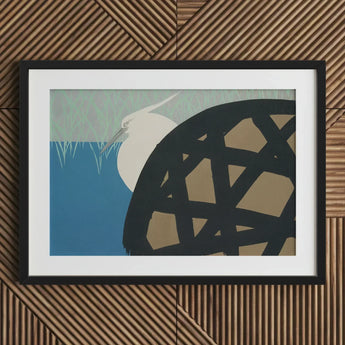 White Heron - Kamisaka Sekka Art Print / Canvas Black Framed Bird Abstract Geometric, Warrior’s Basket Pattern, Paused Artwork Prints