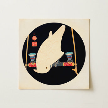 Cream-colored Stylized Parrot Illustration Black Circular Background Framed White Macaw, Itō Jakuchū’s, Drops, Ito Jakuchu Art, Print