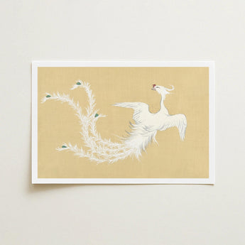 White Phoenix - Kamisaka Sekka Momoyogusa Art Print / Canvas Delicate Illustration Green Accents Feathers Printed Sekka’s, Bird, Prints