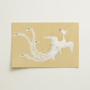 White Phoenix - Kamisaka Sekka Momoyogusa Art Print / Canvas Delicate Illustration Green Accents Soft Beige Sekka’s, Bird, Prints