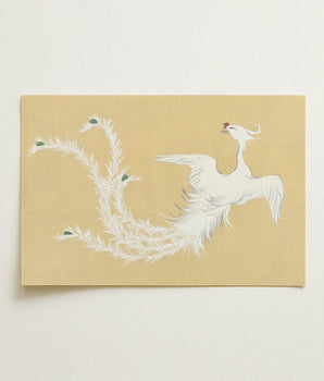 Delicate White Phoenix Illustration Green Accents Soft Beige Kamisaka Sekka’s, Sekka Momoyogusa Bird