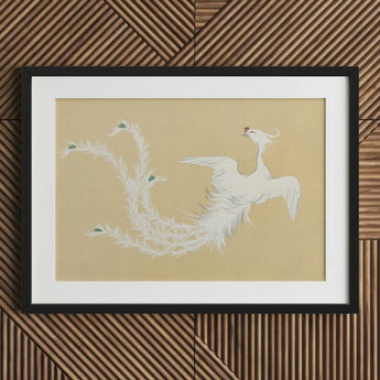 White Phoenix - Kamisaka Sekka Momoyogusa Art Print / Canvas Framed Artwork Delicate White Phoenix Feathers Green Accents Kamisaka Sekka’s