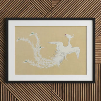 White Phoenix - Kamisaka Sekka Momoyogusa Art Print / Canvas Framed Artwork Delicate Feathers Green Accents Sekka’s, Bird, Prints