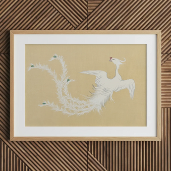 White Phoenix - Kamisaka Sekka Momoyogusa Art Print / Canvas Framed Artwork Delicate White Phoenix Intricate Feather Green Kamisaka Sekka’s