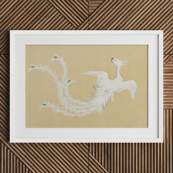 White Phoenix - Kamisaka Sekka Momoyogusa Art Print / Canvas White Framed Artwork Delicate Stylized Phoenix Feathered Wings Kamisaka