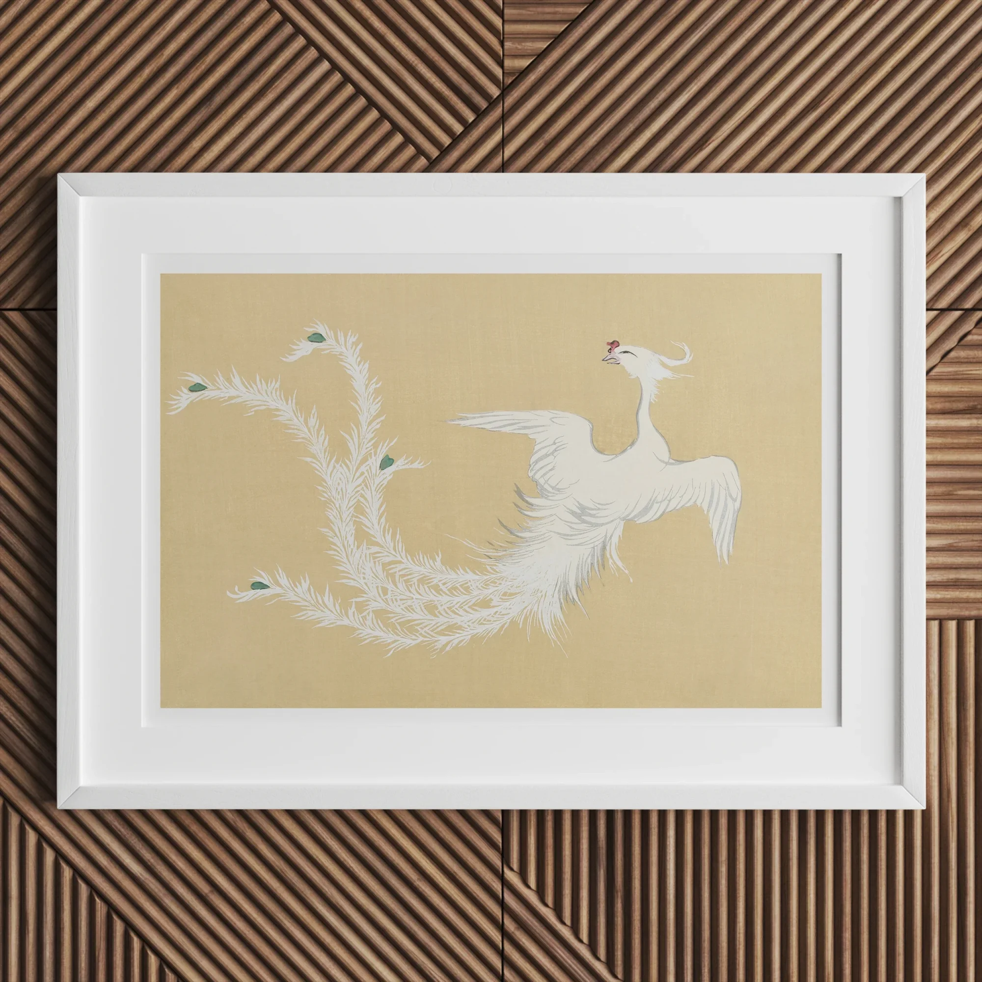 White Phoenix - Kamisaka Sekka Momoyogusa Art Print, White-framed Artwork Two Ethereal Birds Graceful Dance Beige