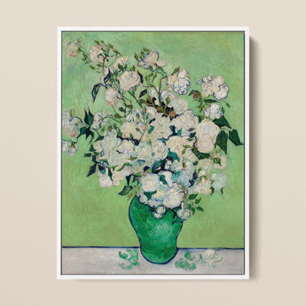 White Roses - Vincent Van Gogh Floral Art Print / Canvas Vibrant Green Ceramic Vase Filled Lush White Roses Vincent Gogh’s Roses, Floral