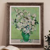 White Roses - Vincent Van Gogh Floral Art Print, Framed Painting White Roses Green Vase Pale Background