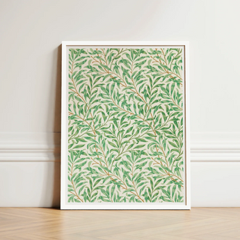 Willow Bough - William Morris Leaf Motif Art Print / Canvas Framed Pattern Green Leaves Off-white Background Enclosed, Verdant Masterpiece