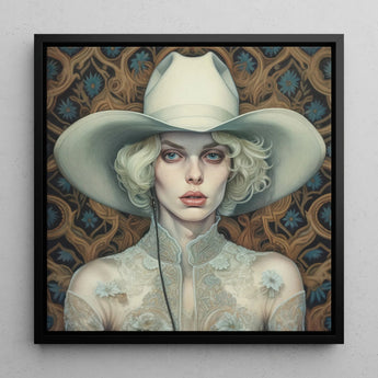 Winnie - Moon lesbischer Cowgirl-Kunstdruck / Leinwand, 12x12’’ / 31x31cm / Schwarzer Rahmen, Poster, Drucke & visuelle Kunstwerke, Toby Leon