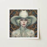 Winnie - Moon Lesbian Cowgirl Art Print / Canvas Framed Artwork Woman Off-white Cowboy Hat Lace Garment, Elegant Outlaw Reminding, Spirit’s
