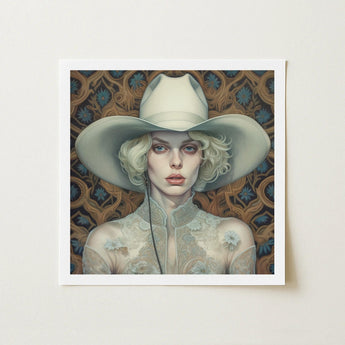 Winnie - Moon Lesbian Cowgirl Art Print / Canvas Framed Artwork Woman Off-white Cowboy Hat Lace Garment, Elegant Outlaw Reminding, Spirit’s