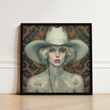Framed Artwork Woman Off-white Cowboy Hat Lace Garment Lesbian Cowgirl Art, Elegant Outlaw Reminding, Spirit’s Queer