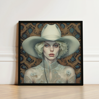 Framed Artwork Woman Off-white Cowboy Hat Lace Garment Lesbian Cowgirl Art, Elegant Outlaw Reminding, Spirit’s Queer