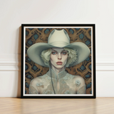 Framed Artwork Woman Off-white Cowboy Hat Lace Garment Lesbian Cowgirl Art, Elegant Outlaw Reminding, Spirit’s Queer