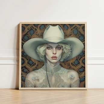 Framed Portrait Woman Off-white Cowboy Hat Lace Garment Lesbian Cowgirl Art, Elegant Outlaw Reminding, Spirit’s Queer