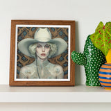Winnie - Moon Lesbian Cowgirl Art Print / Canvas Framed Artwork Figure Wide-brimmed White Hat Patterned Background, Elegant Outlaw