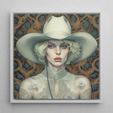 Winnie - Moon Lesbian Cowgirl Art Print / Canvas Framed Portrait Woman Off-white Cowboy Hat Lace Attire Lesbian Cowgirl Art, Elegant Outlaw
