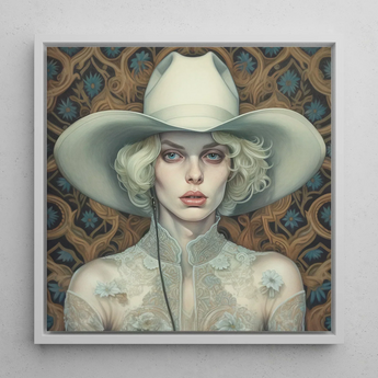 Winnie - Moon Lesbian Cowgirl Art Print / Canvas Framed Portrait Woman Off-white Cowboy Hat Lace Attire Lesbian Cowgirl Art, Elegant Outlaw