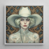 Winnie - Moon Lesbian Cowgirl Art Print / Canvas Framed Portrait Woman Off-white Cowboy Hat Lace Attire, Elegant Outlaw Reminding, Spirit’s