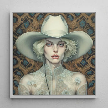 Winnie - Moon Lesbian Cowgirl Art Print / Canvas Framed Portrait Woman Off-white Cowboy Hat Lace Attire, Elegant Outlaw Reminding, Spirit’s