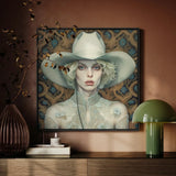 Winnie - Moon Lesbian Cowgirl Art Print / Canvas Framed Portrait Woman Off-white Cowboy Hat Lace Attire Lesbian Cowgirl Art, Elegant Outlaw