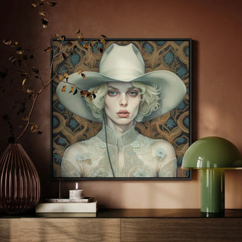 Winnie - Moon Lesbian Cowgirl Art Print / Canvas Framed Portrait Woman Off-white Cowboy Hat Lace Attire Lesbian Cowgirl Art, Elegant Outlaw
