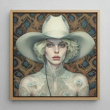 Winnie - Moon Lesbian Cowgirl Art Print / Canvas Framed Portrait Woman Off-white Cowboy Hat Lace Garment, Elegant Outlaw Reminding,