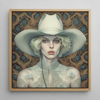 Winnie - Moon Lesbian Cowgirl Art Print / Canvas Framed Portrait Woman Off-white Cowboy Hat Lace Garment, Elegant Outlaw Reminding,