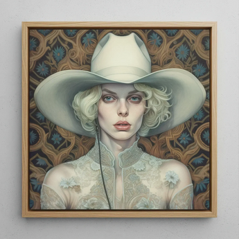 Winnie - Moon Lesbian Cowgirl Art Print / Canvas Framed Portrait Woman Off-white Cowboy Hat Lace Garment Lesbian Cowgirl Art, Elegant