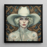 Winnie - Moon Lesbian Cowgirl Art Print / Canvas Framed Portrait Woman Off-white Cowboy Hat Lace Garment, Elegant Outlaw Reminding,