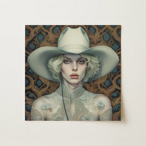 Winnie - Moon Lesbian Cowgirl Art Print / Canvas Square Painting Woman Blonde Curls Off-white Lace, Elegant Outlaw Reminding, Spirit’s