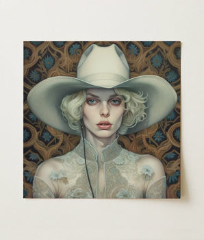 Square Canvas Painting Woman Blonde Curls Off-white Lace Lesbian Cowgirl Art, Elegant Outlaw Reminding, Spirit’s Queer