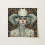 Winnie - Moon Lesbian Cowgirl Art Print / Canvas Square Painting Woman Blonde Curls Off-white Lace, Elegant Outlaw Reminding, Spirit’s