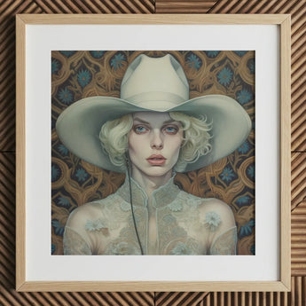 Winnie - Moon Lesbian Cowgirl Art Print / Canvas White Cowboy Hat Floral Design Lace Framed Light Lesbian Cowgirl Art, Elegant Outlaw