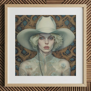 Winnie - Moon Lesbian Cowgirl Art Print / Canvas White Cowboy Hat Floral Design Lace Framed Light, Elegant Outlaw Reminding, Spirit’s Queer