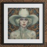 Winnie - Moon Lesbian Cowgirl Art Print / Canvas White Cowboy Hat Floral Embellishments Black Frame Lesbian Cowgirl Art, Elegant Outlaw